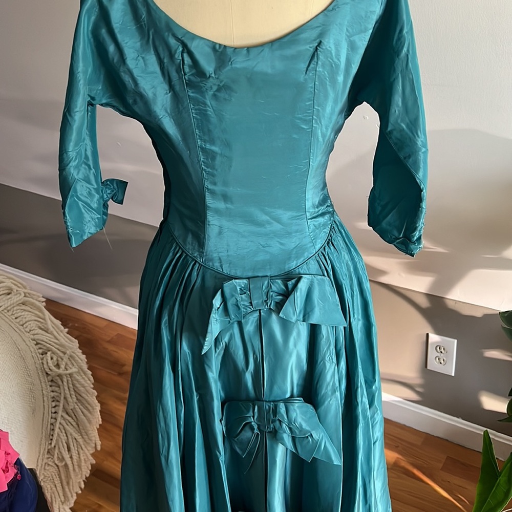 VTG 1940s 50s Teal Taffeta Dress